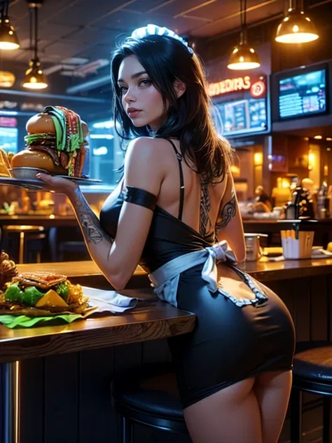 top quality, future world, State-of-the-art robot, Beautiful Woman, flying hair, Transformed into a cyborg except for the face,  Transformed into a cyborg except for the shoulder, sexy images, whole body photo, back view, (((fast food, waitress, apron, bur...