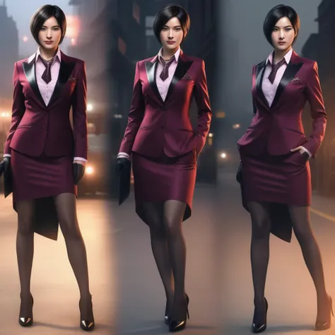 ultra-realistic extremely detailed real life 8k masterpiece of a gorgeous asian woman, re ada wong, (((skirt suit))), (((three-p...