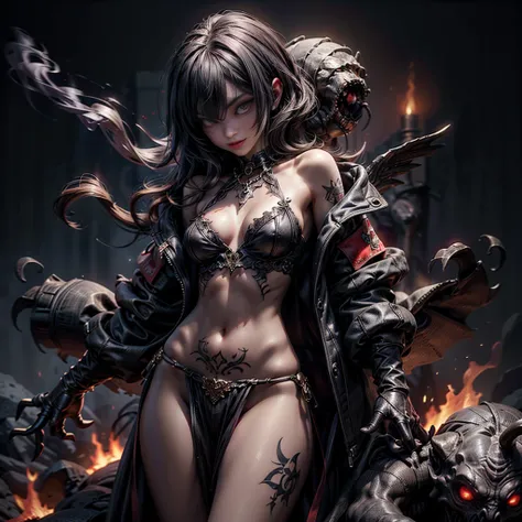 Hellish nigthmare, young female, loincloth:1.4, bib necklace, tattoos, bare breast, medium breast, exposed navel, exposed, subtle sexuality, subtle nudity, seductive glance,open her mouth:1.3,sadistic smirk:1.4, monsters, demons, fire, smoke, (subtle nudit...