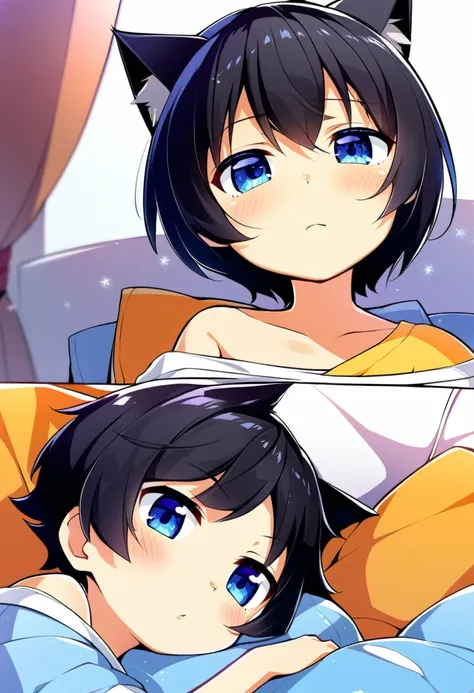 one boy, cat ears, black hair, naive, 10 years old, off shoulder, short hair, cool, shota, cute, sleepy, light blue eyes