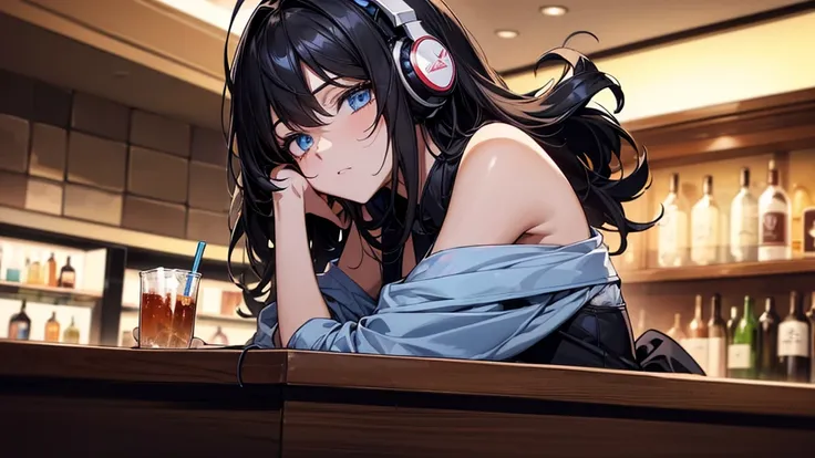 ((UHD, super detail, best quality, highres)),black hair, hair over shoulder, medium hair, blue eyes, (headphones), anime, anime style, (Relax with a drink at the bar counter),(There is alcohol by the side)