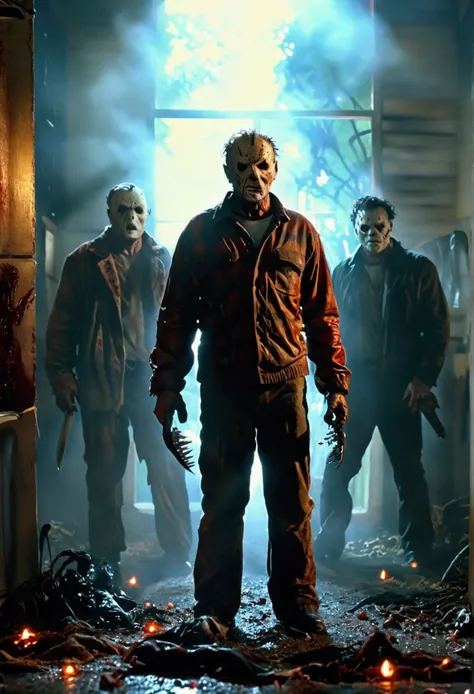 a photo realistic image of Freddie Krueger, Michael Myers, Jason X, Scream, and Leatherface characters in one scene, very detailed, more prominent and menacing