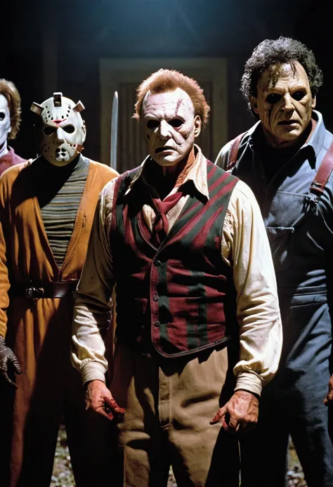 a photo realistic image of Freddie Krueger, Michael Myers, Jason X, Scream, and Leatherface characters in one scene, very detailed, more prominent and menacing