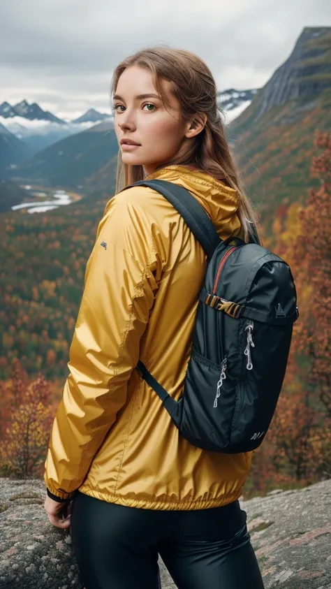 Naturescape photography; mountain climbing; Full body view; (1woman:0.5, solo), (slender body), (Small breasts) , (soaking wet red wind jacket ,tight satin Pants, terrain running shoes, big rucksack), standing on a mountain peak, Rough track, boulders , (l...