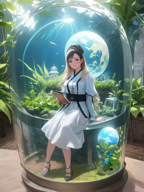 (In 8K、Highest quality、masterpiece:1.2)、(Realistic、Photorealistic:1.2)、There is a girl sitting in a bubble in the garden., Photo credit: AP, Fulldome, 超Realistic, Biopod, Water flows in the terrarium, Sitting on a cryopod, Biodome, 超Realistic, Full shot of...