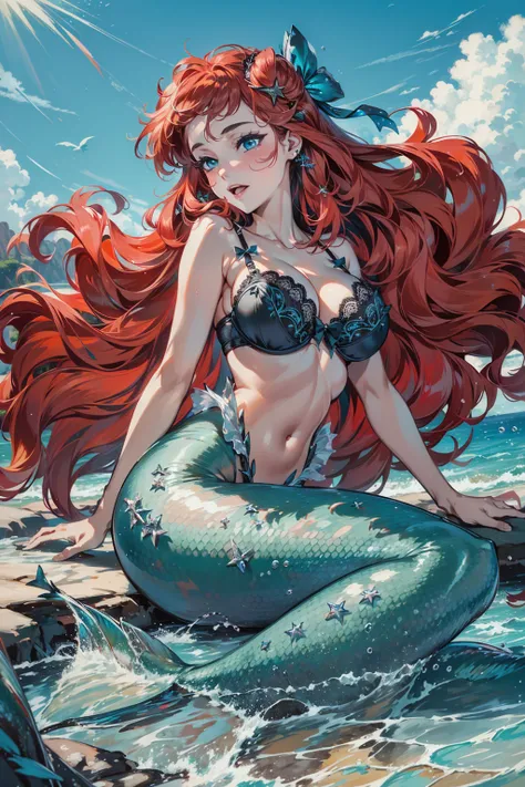 absurd, 8K, high resolution, ultra detailed, beautiful, masterpiece, best quality, very pretty woman, young, (very big breasts:1.3), detailed womans face, very attractive, (black lingerie:1.2), full body, ArielWaifu, Mermaid tail, hair bow