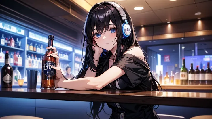 ((UHD, super detail, best quality, highres)),black hair, hair over shoulder, medium hair, blue eyes, (headphones), anime, anime style, (Relax with a drink at the bar counter),(There is alcohol by the side)