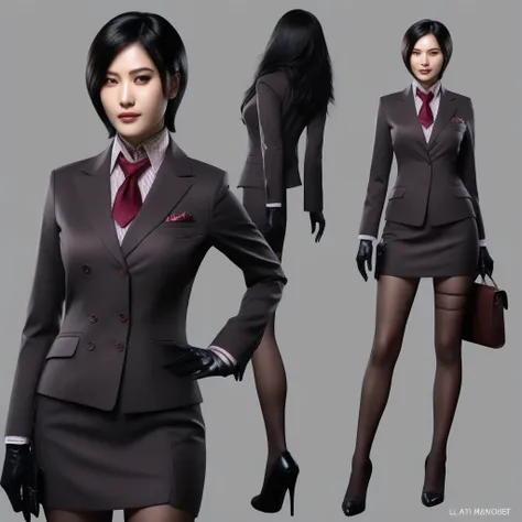 ultra-realistic extremely detailed real life 8k masterpiece of a gorgeous asian woman, re ada wong, (((skirt suit))), (((three-p...