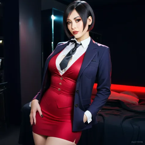 ultra-realistic extremely detailed real life 8k masterpiece of a gorgeous asian woman re ada wong wearing (((skirt suit))), (((t...