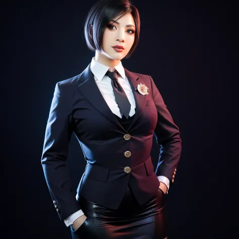 ultra-realistic extremely detailed real life 8k masterpiece of a gorgeous asian woman re ada wong wearing (((skirt suit))), (((t...