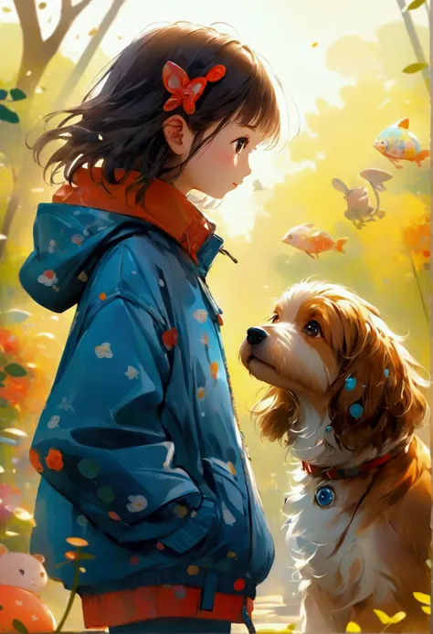 dog and girl, cartoon illustration, children&#39;s book illustrations, concept art of single girl with pet animals, standing sid...