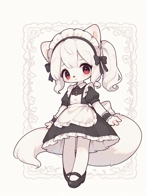 young woman, furry, white hair, maid costume