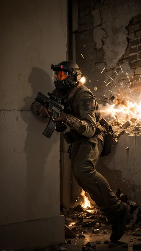 A photorealistic image of an AK-47 firing, with bullets piercing through a wall and body armor in slow motion. The bullets are shown creating large wound cavities in ballistic gel, highlighting their destructive power