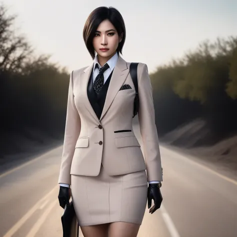 ultra-realistic extremely detailed real life 8k masterpiece of a gorgeous asian woman re ada wong wearing (((skirt suit))), (((t...