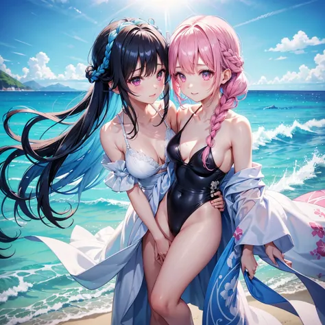 (Sky blue medium hair),(Braided hair tied together)、Pink eyes、Fair skin、(whole body)、(One Girl)、Black Swimsuit、Stylish sunglasses、Shining white sand beach in midsummer、Hawaiian Ocean、A big smile、、(masterpiece、Highest quality、Very detailed、Best Shadow)、(Det...