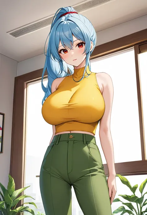 My name is Yukiko.I am a white test woman with long light blue   hair,red eye color.I am 1.62 cm tall . My breasts measure 200 cm, my waist 40 cm and my hips 200 cm. Dressed in a yellow top along low-cut with green pants and hair with a low ponytail over m...