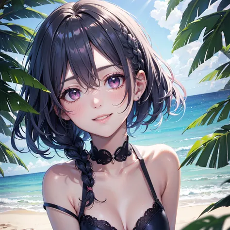 (Sky blue medium hair),(Braided hair tied together)、Pink eyes、Fair skin、(whole body)、(One Girl)、Black Swimsuit、Stylish sunglasses、Shining white sand beach in midsummer、Hawaiian Ocean、A big smile、、(masterpiece、Highest quality、Very detailed、Best Shadow)、(Det...