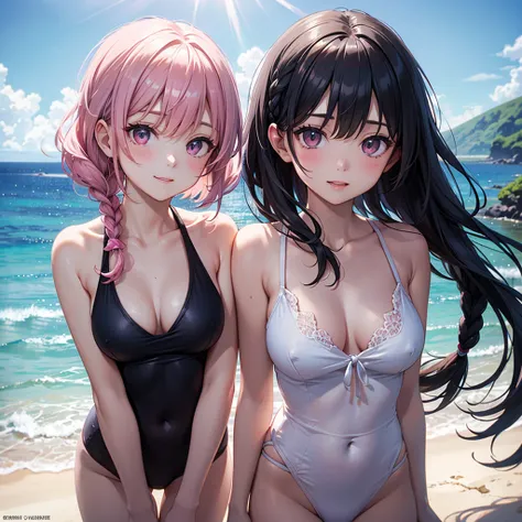 (Sky blue medium hair),(Braided hair tied together)、Pink eyes、Fair skin、(whole body)、(One Girl)、Black Swimsuit、Stylish sunglasses、Shining white sand beach in midsummer、Hawaiian Ocean、A big smile、、(masterpiece、Highest quality、Very detailed、Best Shadow)、(Det...