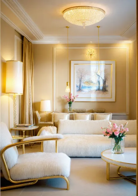 ，Masterpiece, Best quality，8K, Ultra-high resolution，When you step into the living room，Immediately surrounded by a rich atmosphere of luxury。Ornate crystal chandeliers hang high on the wall，Shine brightly。The sofa was covered with a soft white fluffy blan...