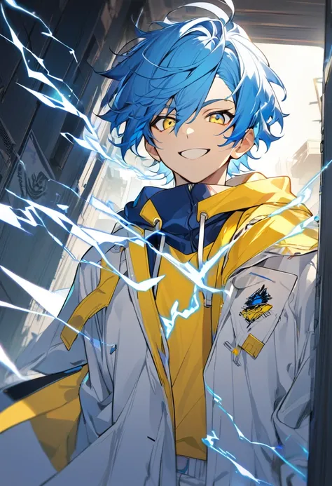 1boy,yellow and blue hair,yellow and blue eyes,,white open school blazer with logo,yellow hoodie inside,white pants,bright smile, blue lightning, standing , portrait 