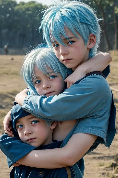 anime,6 year old boy half white haired and half blue haired with very very light blue eyes,crying, hugging the lifeless body of a woman on a battlefield