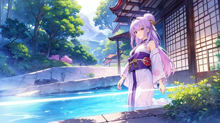 woman　clear　light purple hair　　kimono　　anime style　　treasure house