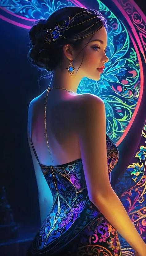 A princess，glowing tattoo，Complex geometry, Colorful blur, Evening dress，abstract backgrounds。shadows and highlights，subtle reflections，charming body，Black light art，fluorescent art，glow in the dark art，dark temptation，The beauty of tattoos，Neon lights，Enc...