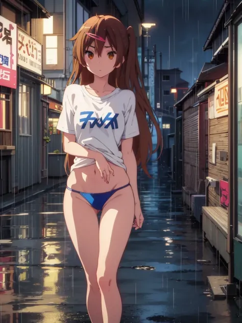 Girl, t-shirt, blue thong, Bare breasts, chest visible, street  background, Narrow passage between houses, night, rain, slim body, In full growth, Sneakers, small breast