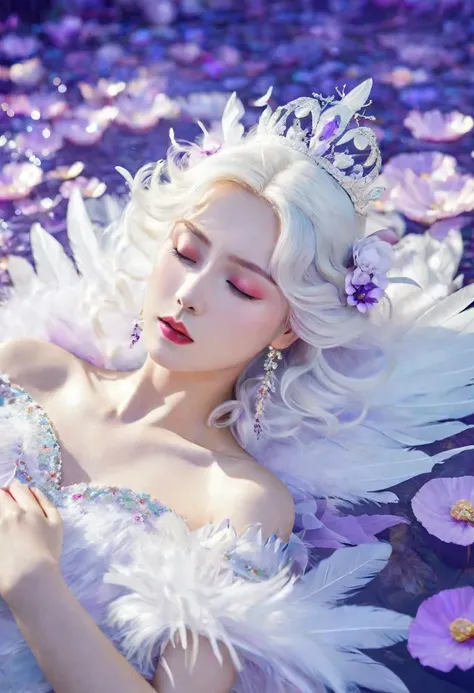 Masterpiece，Dazzling multicolored light，ultra detailed，A girl.，In the flowers，**** a sleeping princess，Earrings，White feather tulle，Long white eyelashes，Extra-long hair is slightly curly，White hair，(Hair takes up the entire frame)，a charming face，Glowing l...