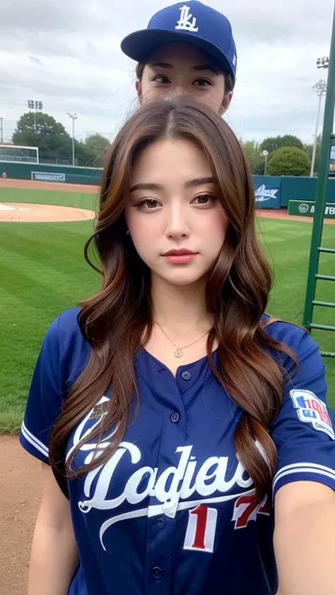 ((Highest quality)), ((masterpiece)), (detailed), One girl, 20-year-old、Beauty、Beautiful face、Cute face、20-year-old、(((big bretht)))、(Emphasize cleavage)、Baseball uniform、Dodgers、Number 17