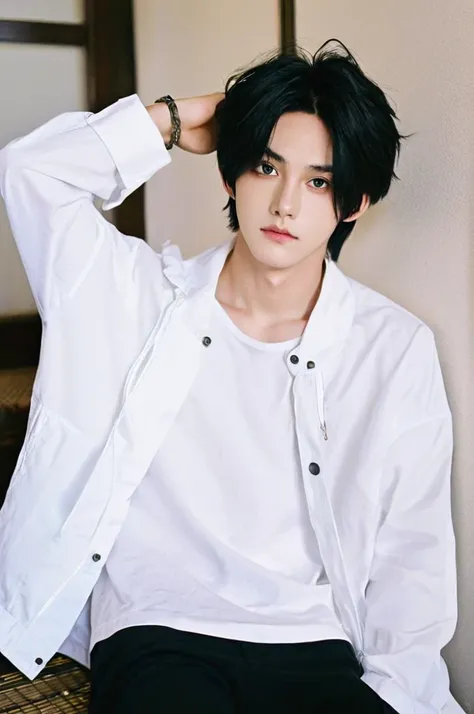 One boy、Young man with black hair（Mash Straight)((Long Hair)），With nape、Long enough to cover the earale K-Pop Idols、Levi Ackerman、Medium portrait、chop、Beautiful Model、Oval Face、Vivid、Cafe、（In a dark room）、The whole body is shown、((Full body photo))