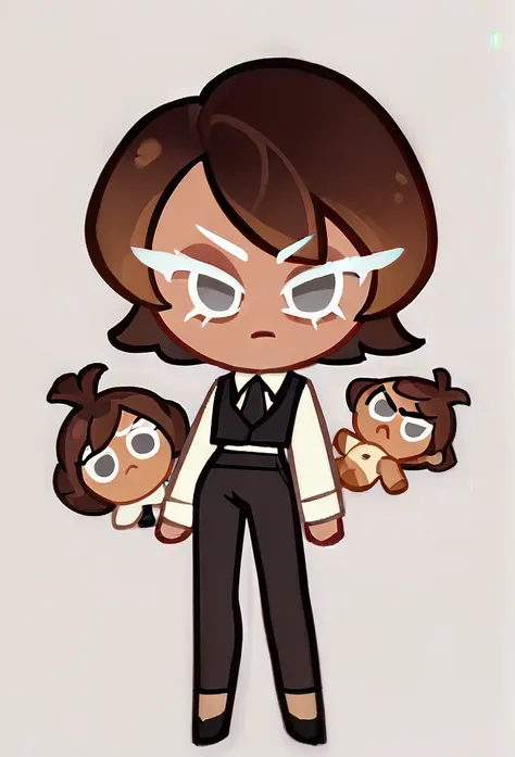 chibi, full body, CookieRun, 1 girl, gray eyes, evil look, narrow eyes, long eyelashes, brown hair, short hair, white shirt,! black tie, pants, black vest