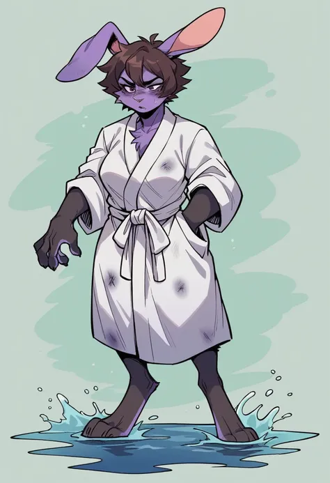 create a picture of a female half rabbit character  with purple giant rabbit digitigrade legs with white paws and black stains, put purple rabbit ears on top of her head with black stains, make her wearing a closed white bathrobe, put purple fur on her arm...