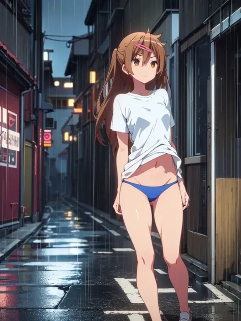 Girl, t-shirt, blue thong, Bare breasts, chest visible, street  background, Narrow passage between houses, night, rain, slim body, In full growth, Sneakers, small breast