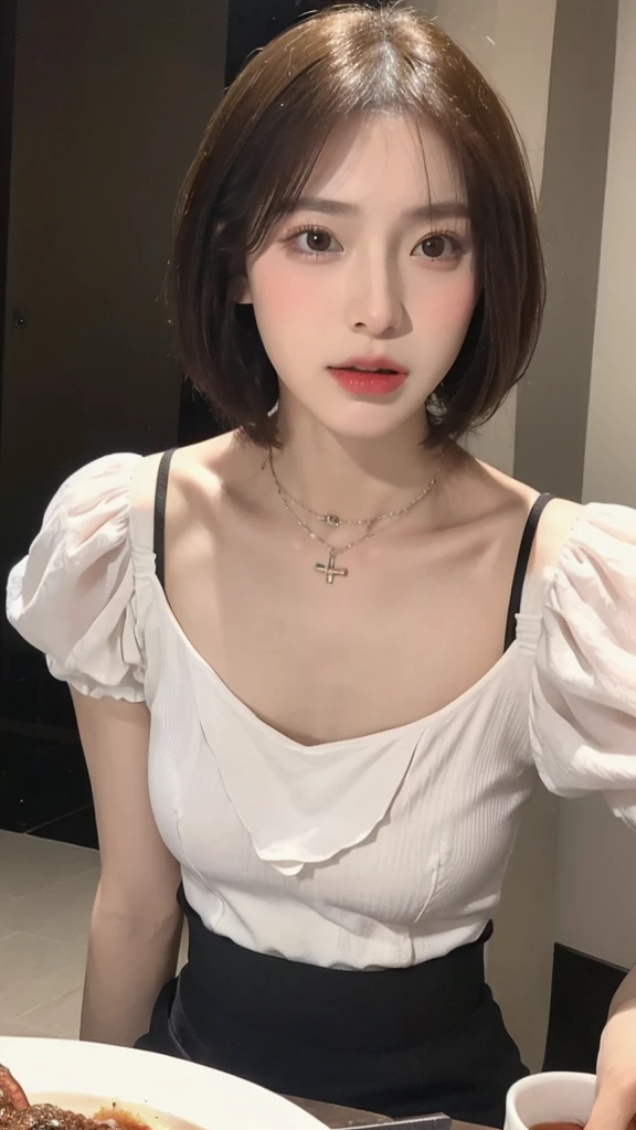 （real， High resolution：1.3）， short hair， blouse：1.2，Male body with female face、A dainty man dressed as a woman、Eating at home、Transsexual、Cross-dressing men、The collarbone and hands are slightly muscular.