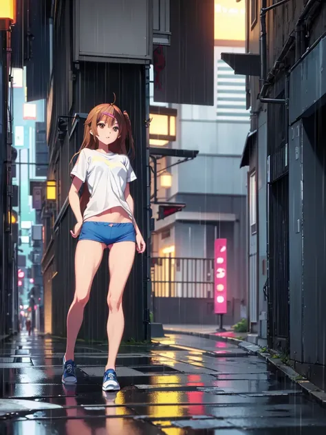 Girl, t-shirt, blue thong, Bare breasts, chest visible, street  background, Narrow passage between houses, night, rain, slim body, In full growth, Sneakers, small breast