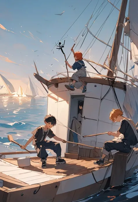 A group of youth，sailboat，Set sail，flat，Simplicity，Highlight Youth，The overall atmosphere is exciting，Energetic，A little simpler，Stick Figure，Based on the second painting，Let&#39;s highlight the youth，但sailboat的次要性之在青年之下