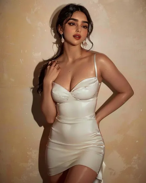 araffed woman in a white dress posing for a picture, wearing stunning ivory dress, dua lipa, gorgeous woman, actress, stunning w...