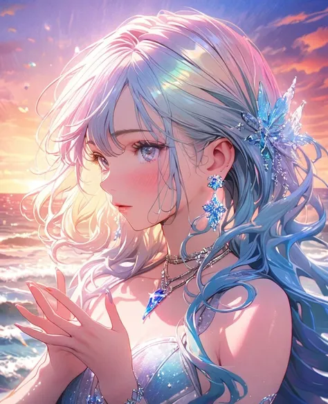 8K,gal，an extremely delicate and beautiful,Beautiful and realistic skin,Shiny jewel-like earrings,Long colorful hair,beautiful eyes, wave hands,beautiful sunset
