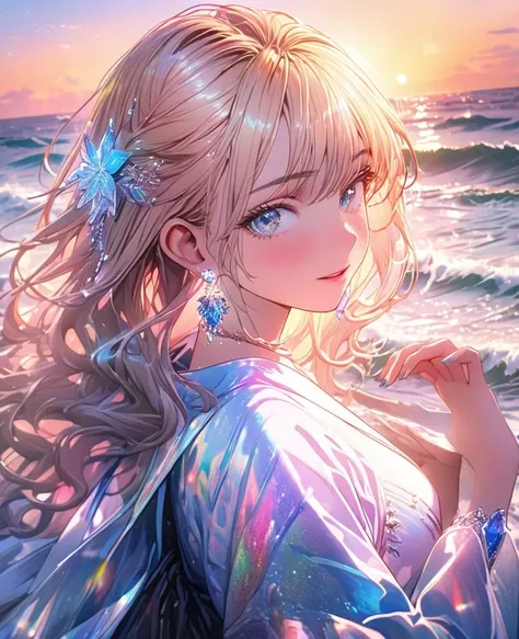 8K,gal，an extremely delicate and beautiful,Beautiful and realistic skin,Shiny jewel-like earrings,Long colorful hair,beautiful eyes, wave hands,beautiful sunset
