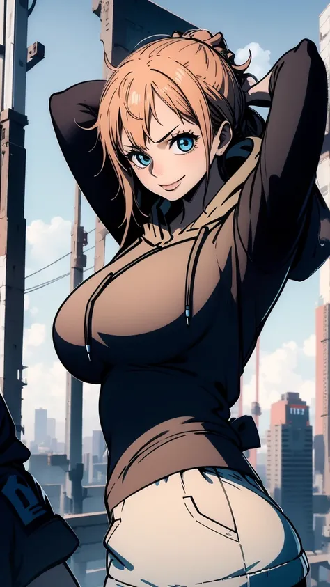 nami, (large breast:1.2),seductive smile,
BREAK ((black hoodie:1.5)), 
BREAK Cyberpunk_CityView, Before Window, standing at attention,armpits,arm up, 
BREAK (masterpiece:1.2), best quality, high resolution, unity 8k wallpaper, (illustration:0.8), (beautifu...