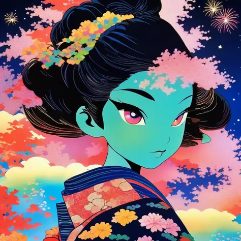 Microphotography, Anime girl made of glass in kimono silhouette, vibrant rainbow river, fireworks in night sky, colorful coral reefs, detailed illustration, Ukiyo-e style --ar 3:4 --style raw --stylize 600 --niji 6