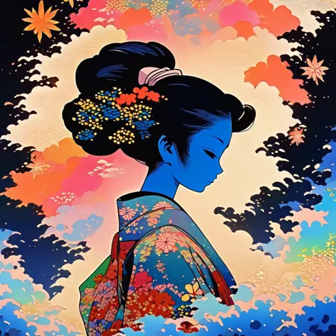 Microphotography, Anime girl made of glass in kimono silhouette, vibrant rainbow river, fireworks in night sky, colorful coral reefs, detailed illustration, Ukiyo-e style --ar 3:4 --style raw --stylize 600 --niji 6