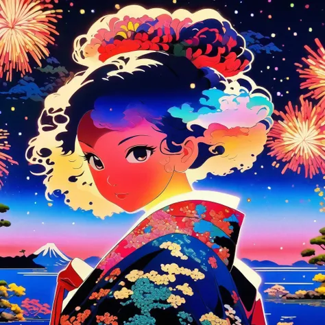 Microphotography, Anime girl made of glass in kimono silhouette, vibrant rainbow river, fireworks in night sky, colorful coral reefs, detailed illustration, Ukiyo-e style --ar 3:4 --style raw --stylize 600 --niji 6