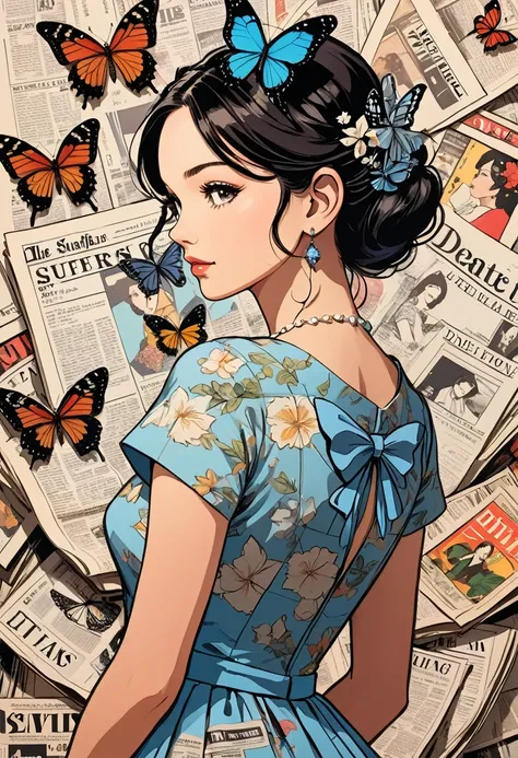 Graphic novel illustrations、Profile of a woman in a dress on a magazine cover、Detailed facial features、Long eyelashes、A butterfly is resting on my head、Newspaper clippings are placed around the room.。The woman&#39;s face is realistic and detailed.、Features...