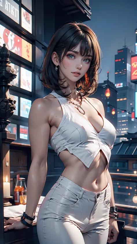 Major Kusanagi Motoko from Ghost in the Shell、24-year-old female、Black Hair、Iris、Bobcut、Sexy proportions、Narrow waist、mature female body、Sexy body type、White bodysuit、Night City、Skyscraper rooftop、Looking down