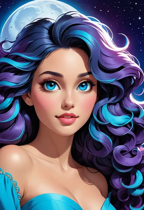 Beautiful woman half face close-up, flying long curly hair 1.0 blue moon Deva Cassel, Brian Bolland style, Shading, vivid colors hd--c 25--ar 51:91--s 400--v 5.1