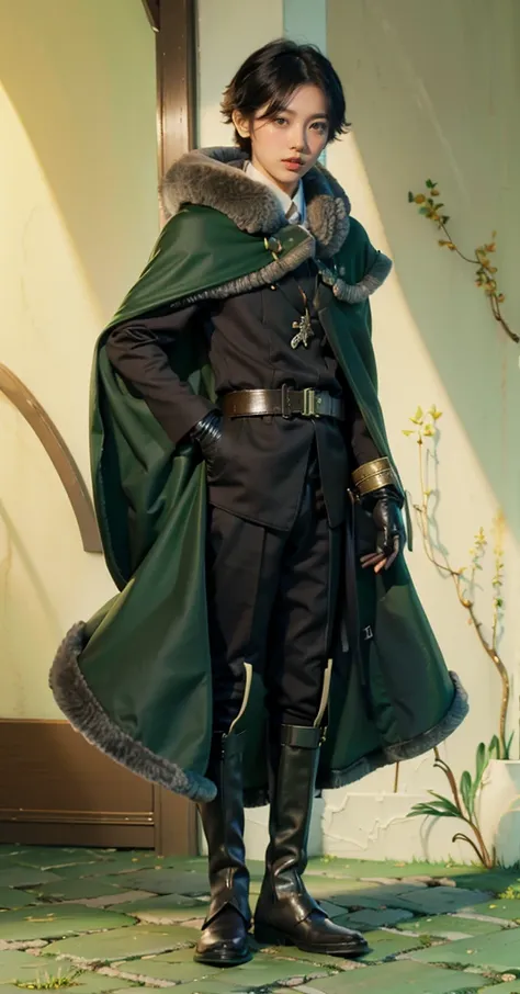 yuichiro hyakuya, (WithoutFear:1), 1 boy, black hair, green eyes, brown coat, gray armor, green shield, green cloak, dark brown gloves, town, white fur trim, tall, anime, standing, good quality, portrait, looking at viewer