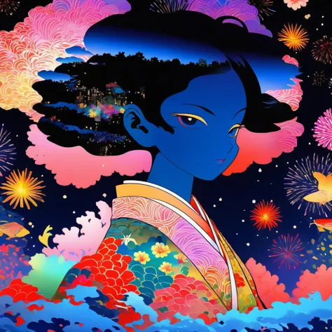 Microphotography, Anime girl made of glass in kimono silhouette, vibrant rainbow river, fireworks in night sky, colorful coral reefs, detailed illustration, Ukiyo-e style --ar 3:4 --style raw --stylize 600 --niji 6