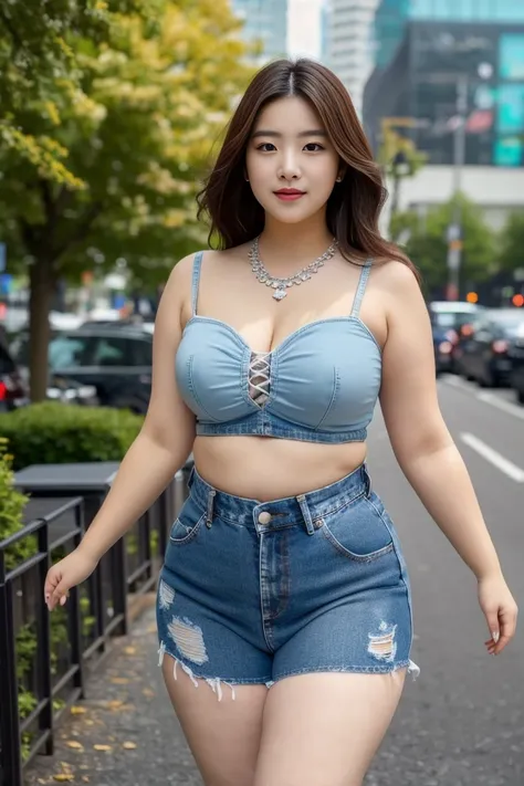 ((best quality)), ((masterpiece)), (detailed), perfect face, araffe woman in a long dark-blue shirt and blue denim skirt walking down a street, thicc,  wavy  short hair , she has a jiggly fat round belly, bbwchan, wearing tight simple clothes, skinny waist...